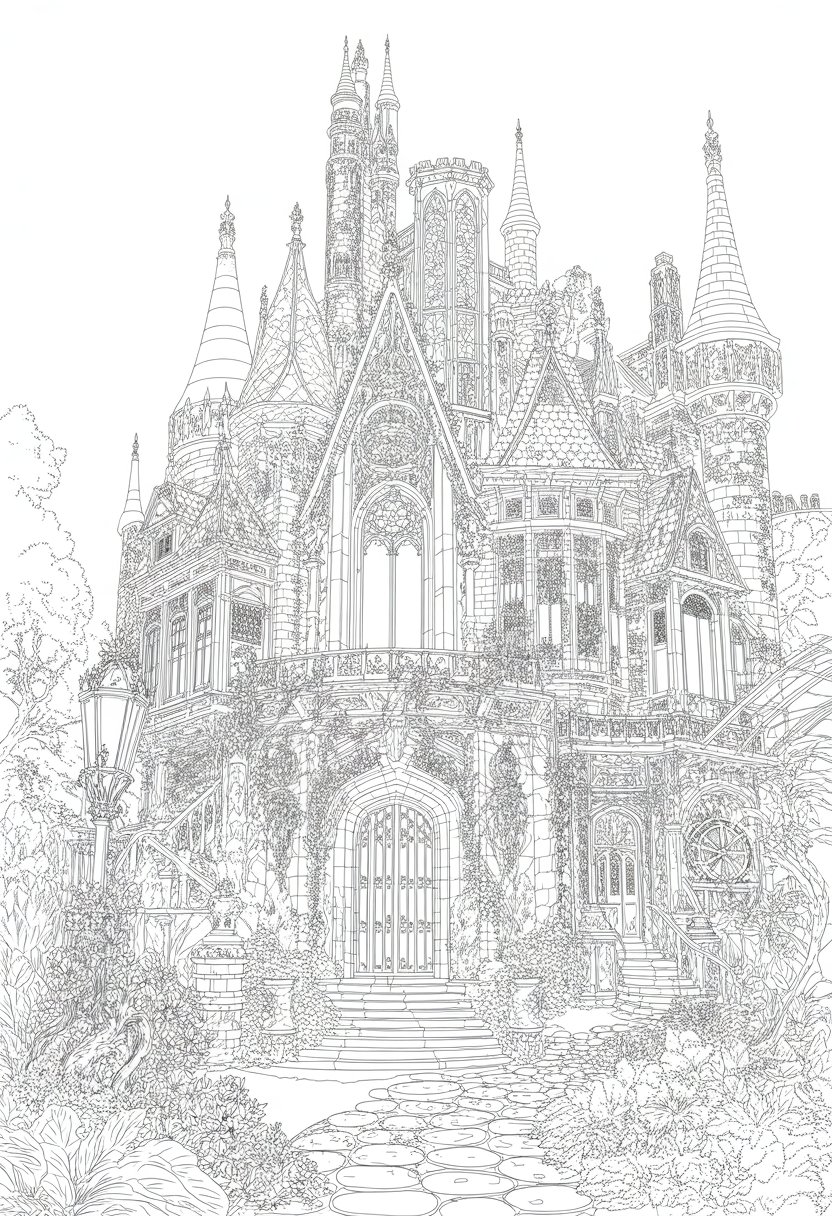 Gothic Coloring Pages for Adults: Top 20 Designs to Download as PDF and Png Files. 23 A detailed drawing of a large Gothic castle with tall spires, arches, and stone decorations surrounded by a cobblestone path and vines.